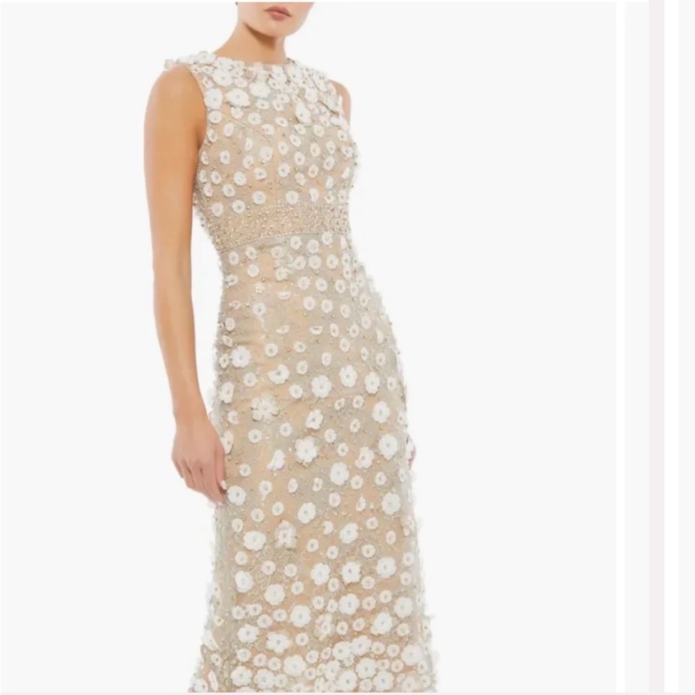 MAC DUGGAL beaded floral applique midi sheath dress
